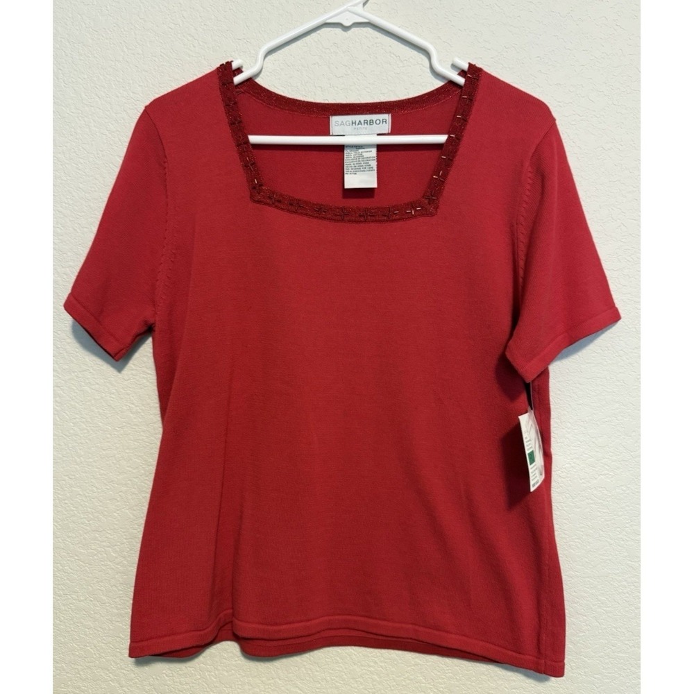 Sag Harbor Petite Large Red Knit Top Beaded Square‎ Neck Short Sleeve Blouse